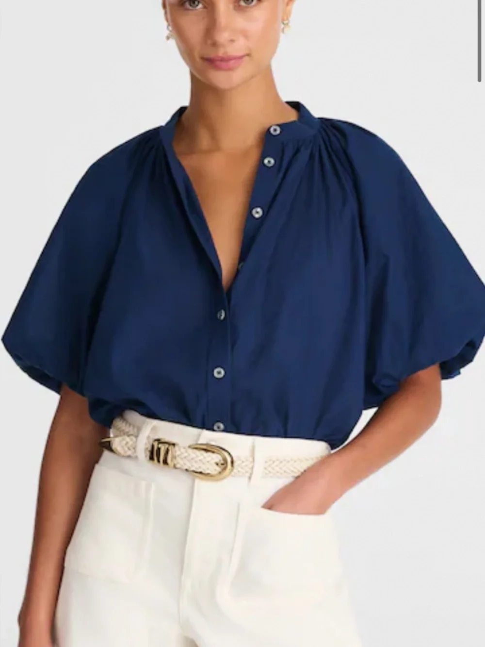 NWT Madewell Puff Sleeve Button-Front Blouse Navy Blue Size XS